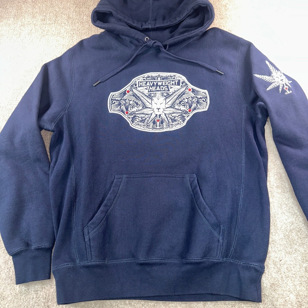 Heavyweight Heads Navy Blue Lion Leaf Graphic Hoodie Mens Small 100% Cotton